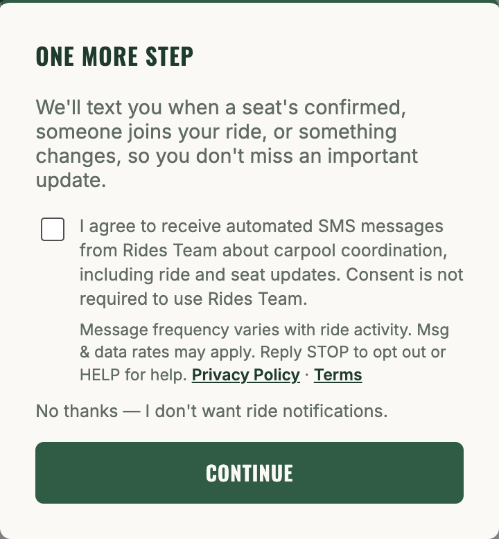 Rides Team SMS opt-in screen with an unchecked consent checkbox and a No thanks option