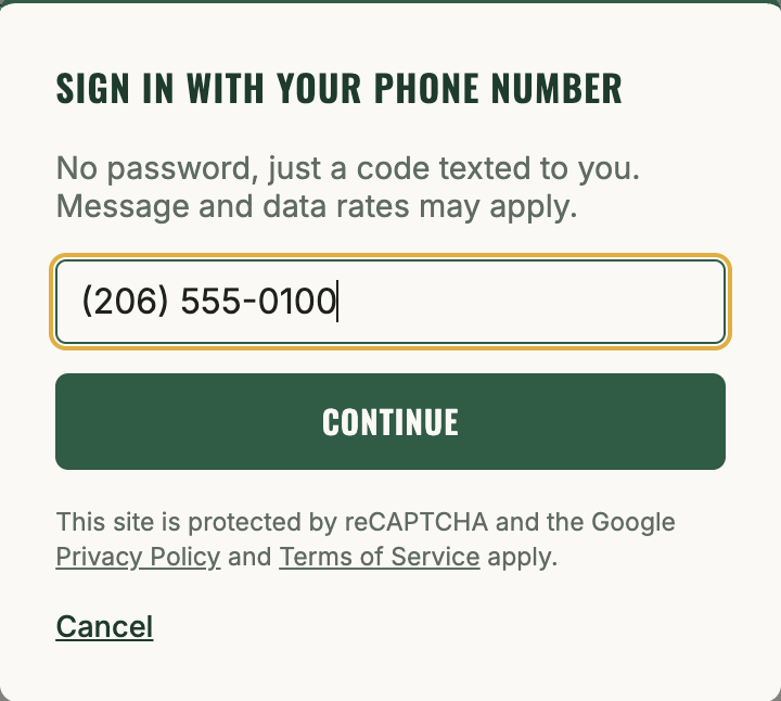 Rides Team sign-in screen with a phone number entered, before a one-time code is sent